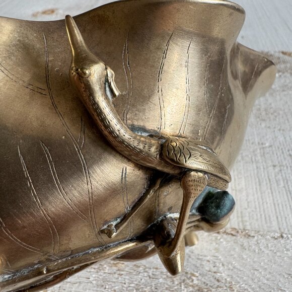 Vintage Brass Lilly Pad with Crane Bird Brass Bowl - Picture 9 of 13